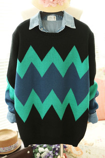 Vintage multicolour wave geometry color block loose thickening sweater female plus size