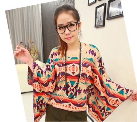 Vintage national trend multicolour geometric graphic patterns irregular batwing sleeve sweater cloak