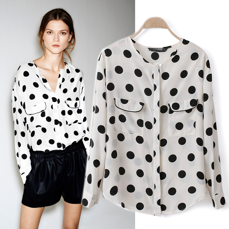 Vintage o-neck loose pocket print long-sleeve black and white chiffon shirt top female  shirt lady blouse OL Collar shirts