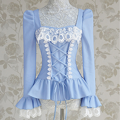 Vintage Palace Costume Fashion Lady Blue Slim Shirts White lace Ruffle Blouses Long-sleeve Women Top Free Shipping