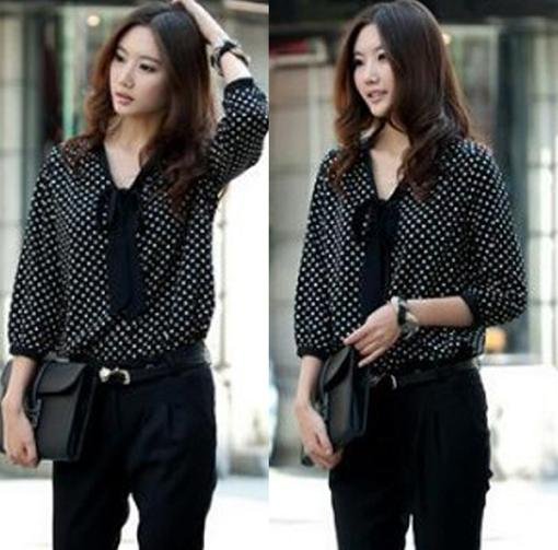 Vintage Polka Dots Sexy Womens OL Party Club Chiffon 3/4 Sleeve Top Shirt Blouse HR087
