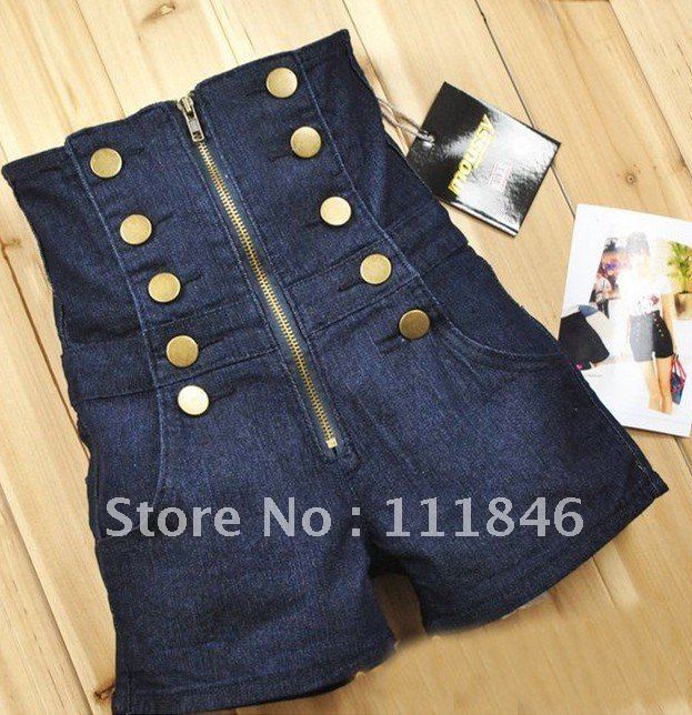 Vintage preppy Double Breasted Zipper High Waist womens' slim jean short pants