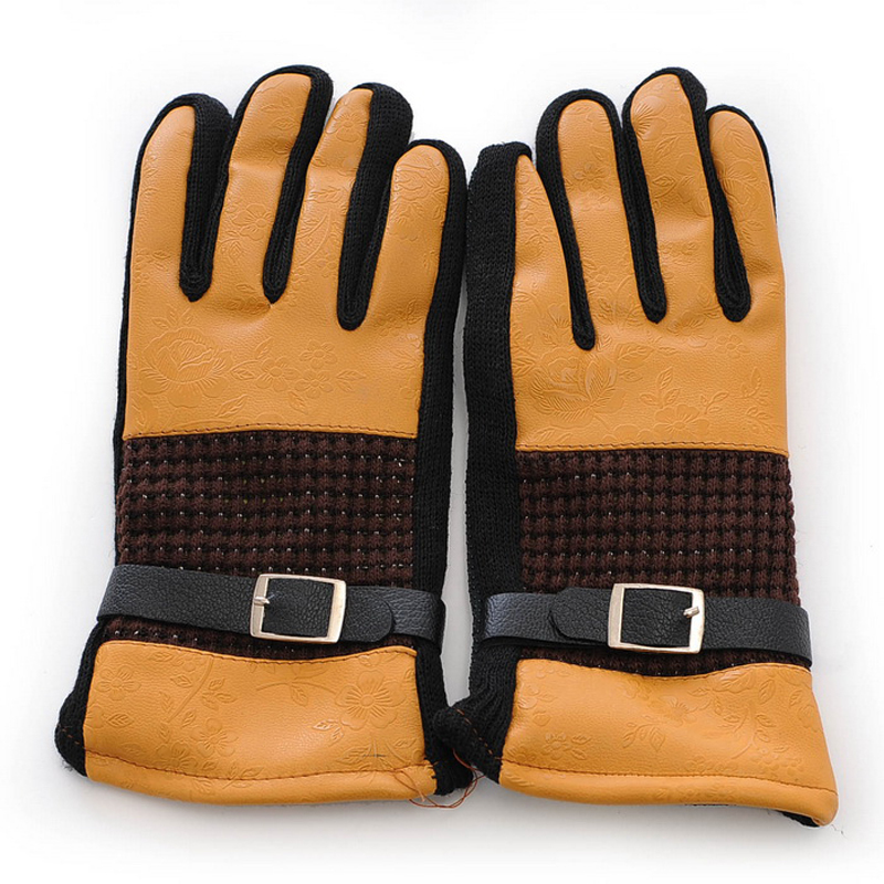 Vintage print PU japanned leather patchwork women's knitted gloves spring thermal fleece lined finger gloves