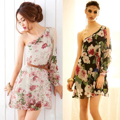 Vintage romantic watercolor rose one shoulder oblique strapless chiffon one-piece dress 2