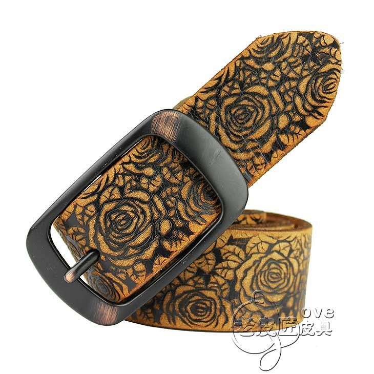 Vintage rose print genuine leather women's strap genuine leather first layer of cowhide female strap casual fashion female belt