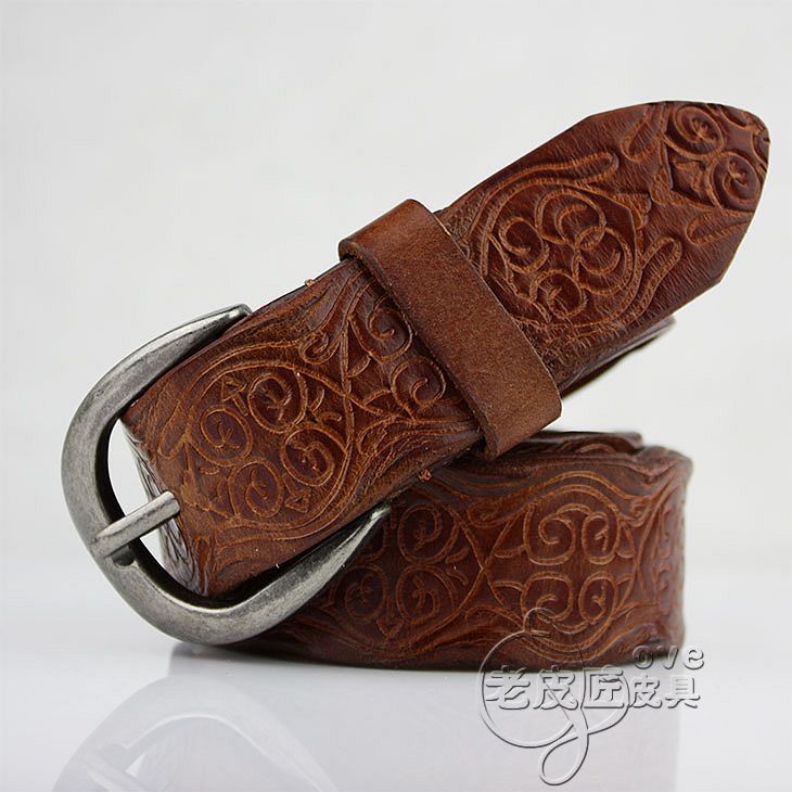 Vintage royal print pleated genuine leather strap genuine leather first layer of cowhide female strap casual fashion female belt