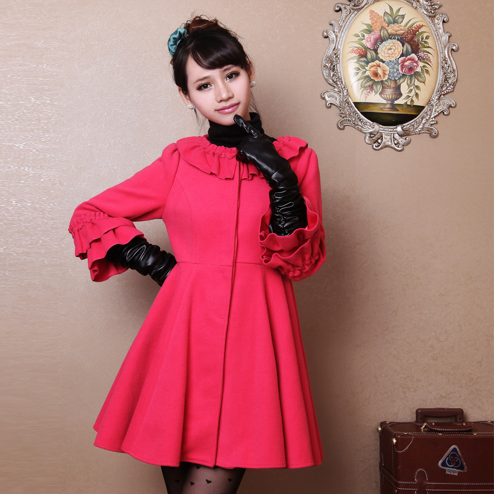 Vintage royal wind princess sleeve expansion bottom big bow wool coat