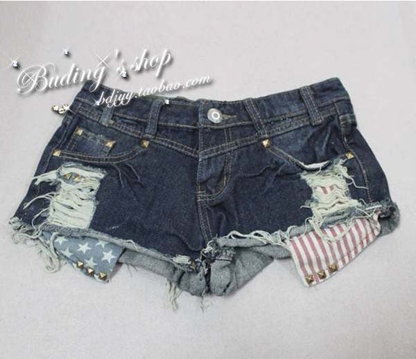 Vintage Shorts For Women Stars Stripe Grinding Hole Open Pocket And Rivet Decoration Short Jeans WF13010405