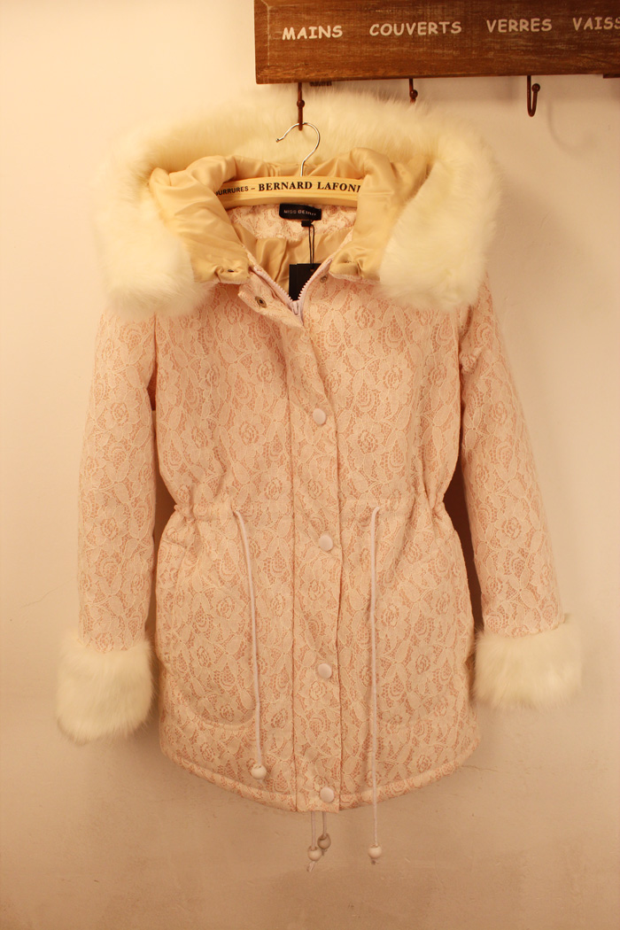 Vintage small fresh crochet lace decoration fur collar hooded wadded jacket outerwear cotton-padded jacket female