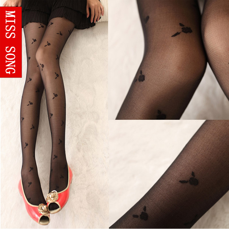 Vintage stockings black color mink ultra-thin rose small flower jacquard pantyhose ayomi
