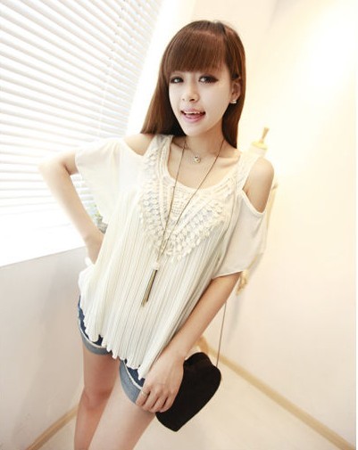 Vintage strapless lace collar chiffon crumple shirt lace shirt outerwear