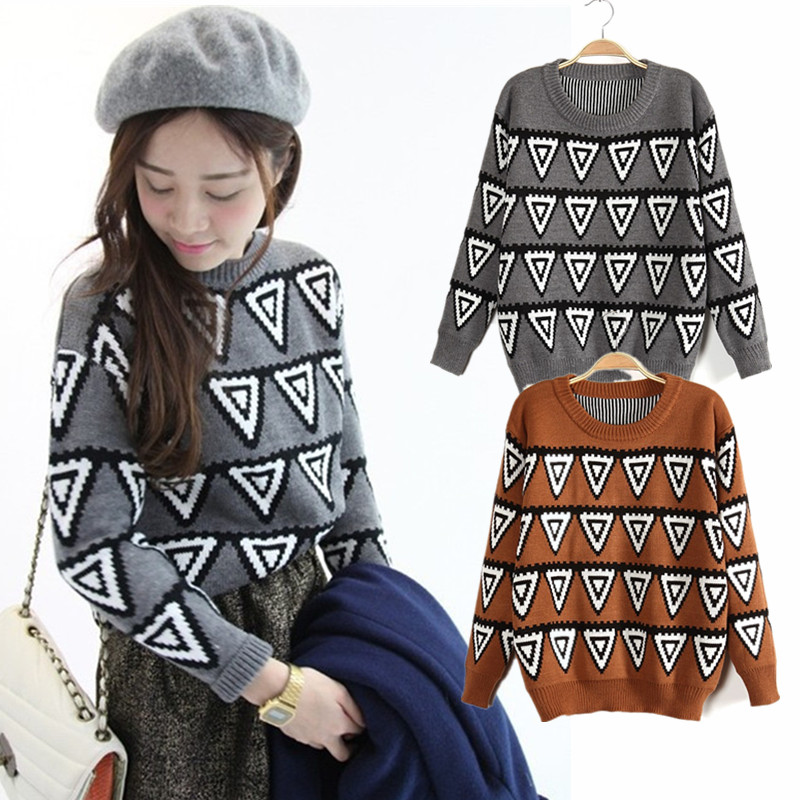 Vintage sty nda color block personalized geometry pattern print pullover sweater female free shipping