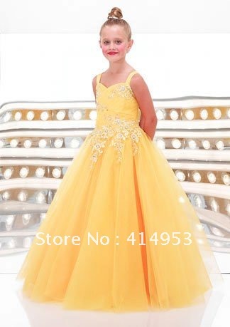 Vintage Style A Line Spaghetti Straps Yello Tulle White Embroidery Floor Length Flower Girl Dresses 2012