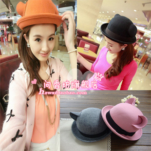 Vintage style  cat ears pure woolen roll up hem devil cap women's small round fedoras autumn and winter