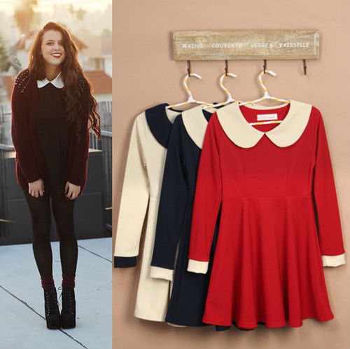 Vintage Style Peter Pan Colla High Waist Skater Dress Top Mini Dress 0119 Free Shipping