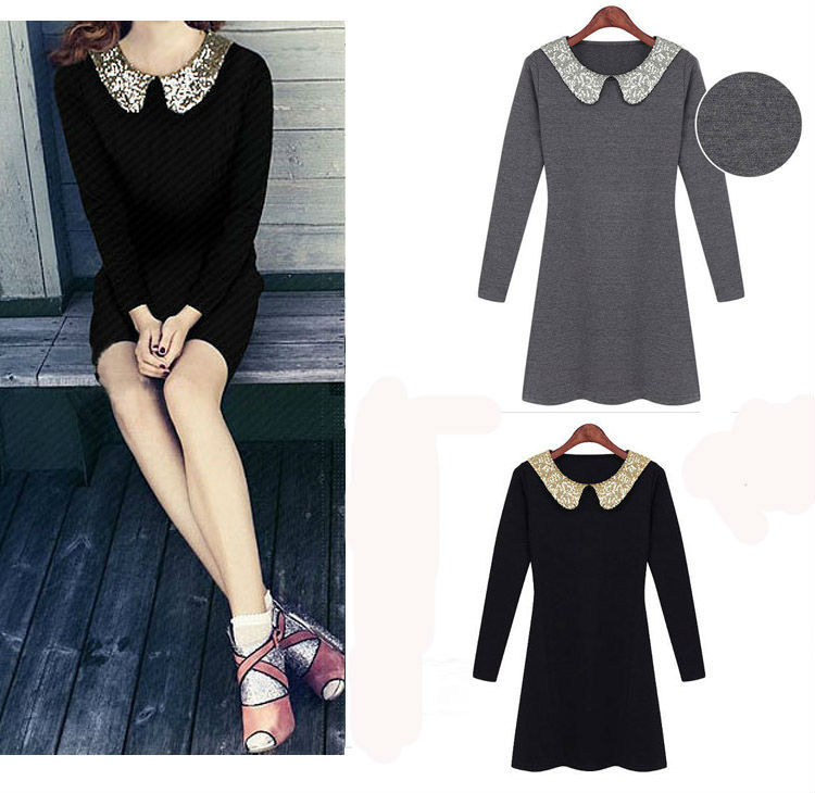 Vintage Style Sequin Collar Long Sleeve Black Grey Dress S M L XL 3828