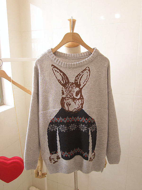 Vintage three-color sweater rabbit loose o-neck pullover basic solid color wool sweater