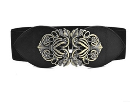 Vintage Women Black Elastic Wide Belt Faux Leather Double Buckle Waistband Wholesale