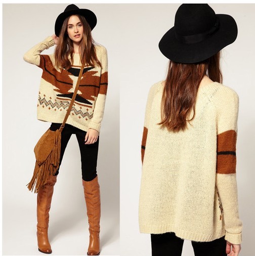 Vintage women's autumn and winter geometry basic pullover loose batwing sleeve big sweater