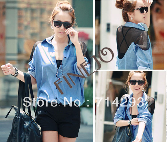 Vintage Women's Imitation Denim Splicing See-through Mesh Long Sleeve Shirt Loose Tops Blouse Free shipping 8439