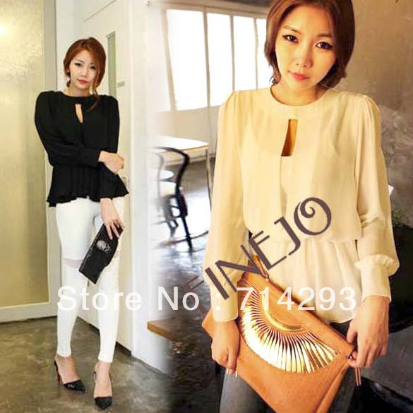 Vintage Women's Long Sleeve OL Shirts Blouse Tops Black and White free shipping 11164