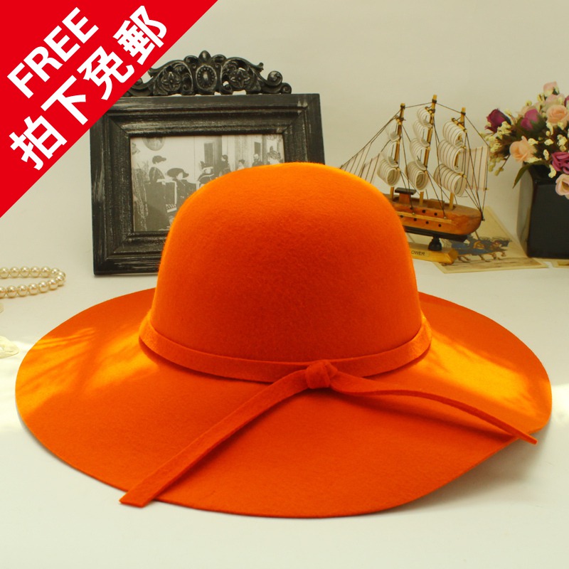 Vintage woolen cap bow fedoras fashion large brim hat woolen cap female
