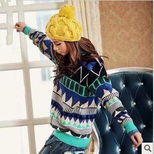 Vintga wind fasion colorful pop diamond geometry totem loose pullovers women sweater