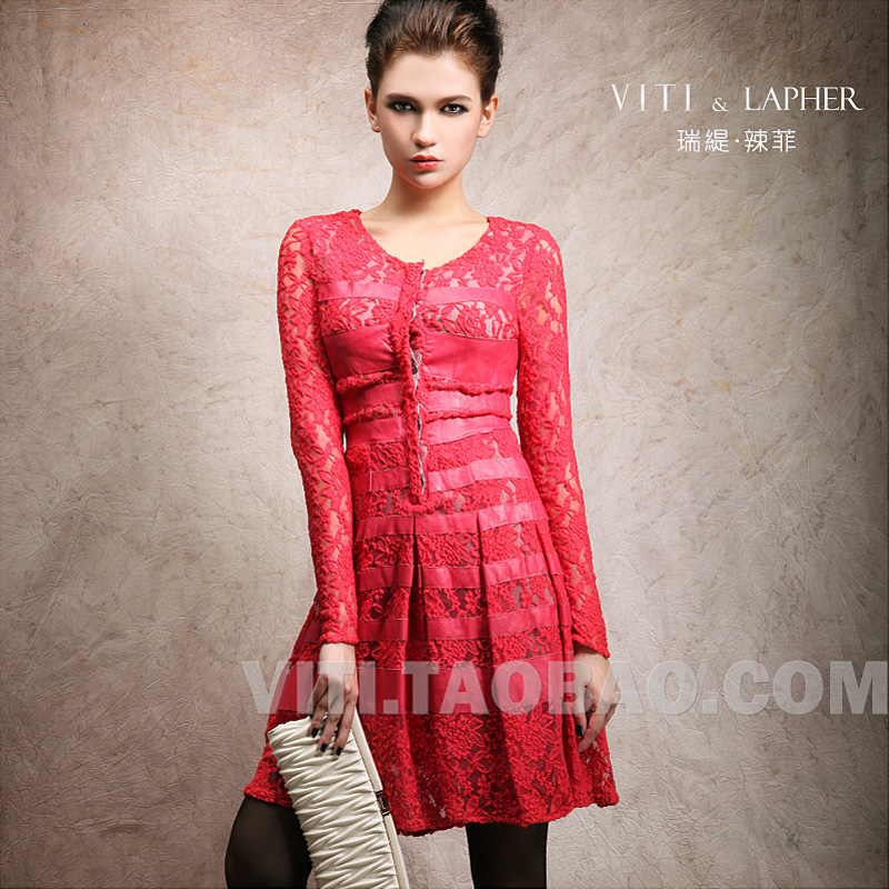 Viti high quality leather patchwork lace crotch cutout long-sleeve dress