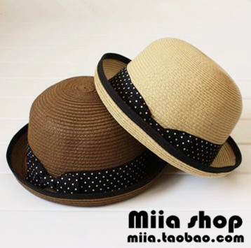 Viv i polka dot bow roll-up hem small round straw braid dome fedoras sun-shading hat , Free Shipping