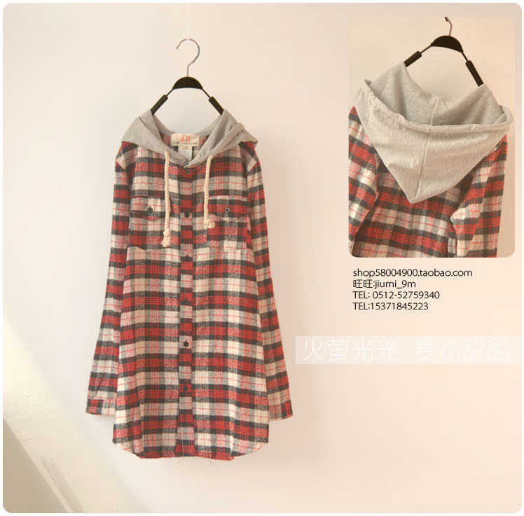 Vivi autumn and winter female casual british style red plaid hooded medium-long long-sleeve shirt
