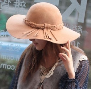 Vivi fashion autumn and winter female handmade tassel cashmere hat woolen vintage large brim hat
