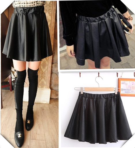 Vivi fashion metal elastic waist PU expansion pompon bottom umbrella secret pocket high waist leather short half-length skirt