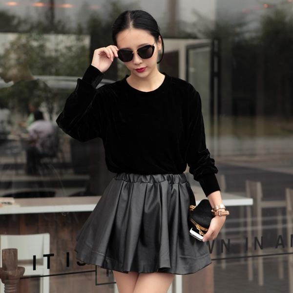 Vivi fashion vintage leather high waist bottom expansion involucres short skirt pleated bust skirt black short leather skirt