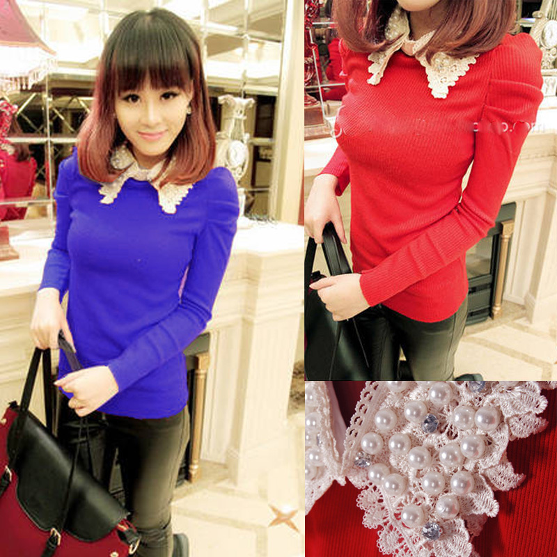 Vivi female sweet puff sleeve pearl slim long-sleeve knitted basic shirt sweater 872