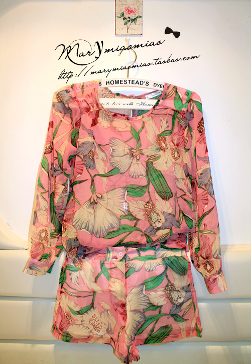 vivi Free shipping Topshop women's pink vintage dresses chiffon set shirt shorts kaki