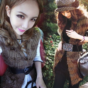 Vivi plush thickening long design knitted waistcoat cape cardigan vest sweater outerwear female