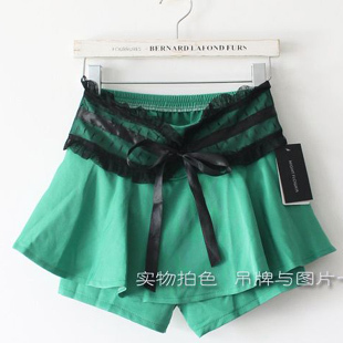 Vivi5 slim lace bow belt sweet cotton pleated shorts culottes