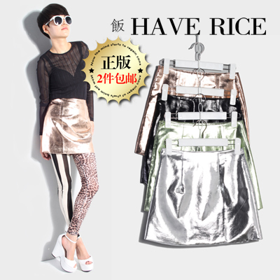 Vivi9 short leather skirt bling punk metal japanned leather all-match half-length short skirt