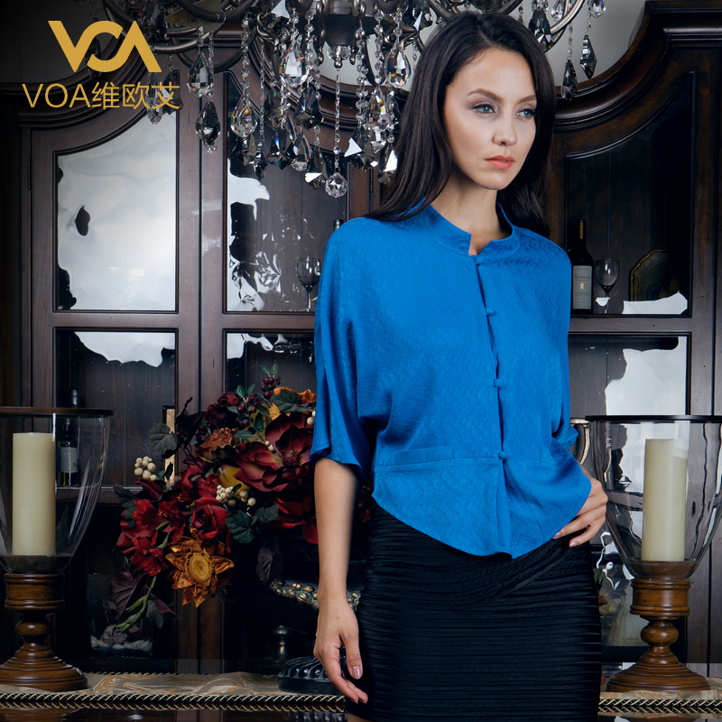 Voa silk shirt silk jacquard three quarter sleeve shirt female stand collar top