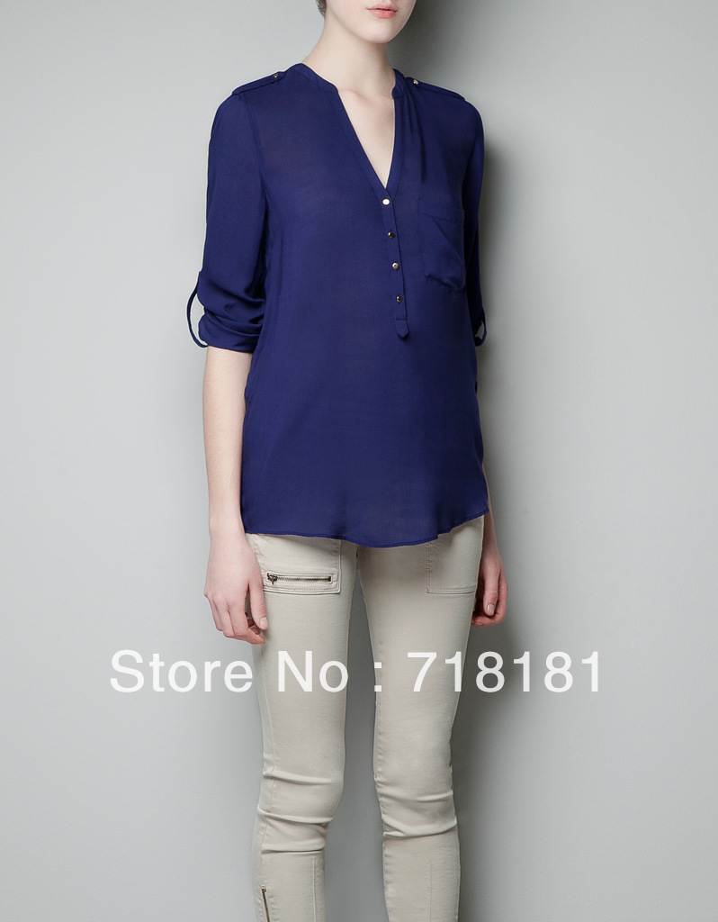 VOGUE-U 2013 new brand spring summer casual&leisure stand collar women's blouse with one pocket  Black white blue shirts