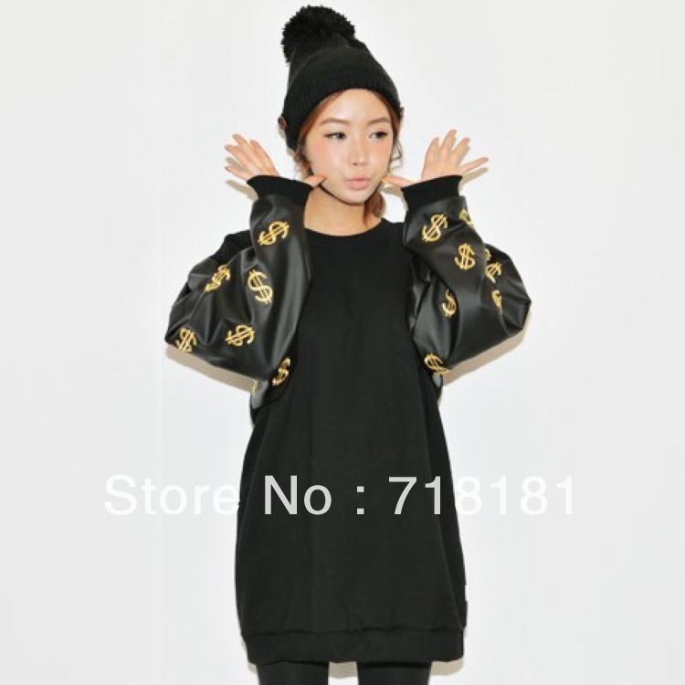 VOGUE-U 2013 new novelty PU leather patchwork empire women's sexy dress with $ pattern printing Rock vintage dresses