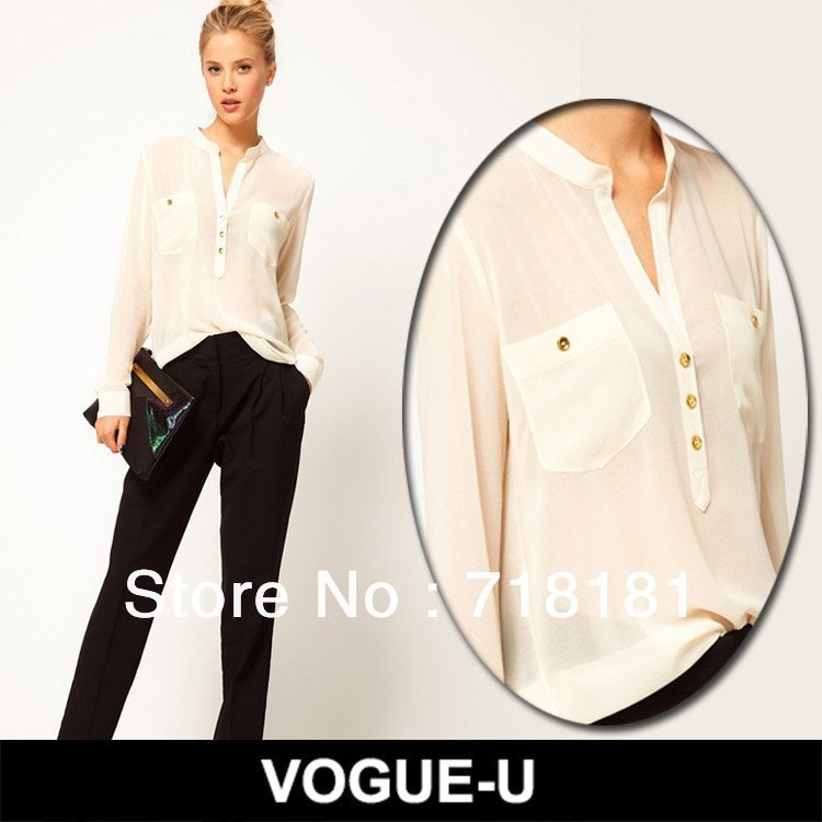 VOGUE-U 2013 new spring fashion brands design solid chiffon zar* long sleeve lady's blouses Transparent shirt with Gold button