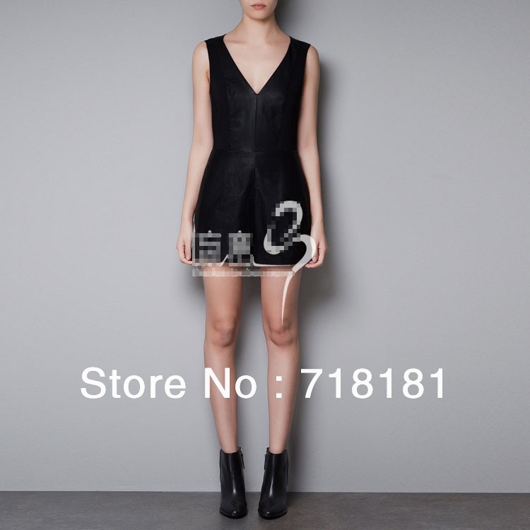 VOGUE-U 2013 summer fashion leather short overalls for women Sleeveless sexy V-neck jumpsuit Black Free shipping