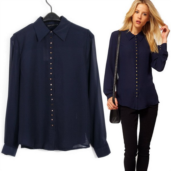Vogue Womens Chiffon Long Sleeves Navy White Coffee Blouses Tops SX-8996 S M L