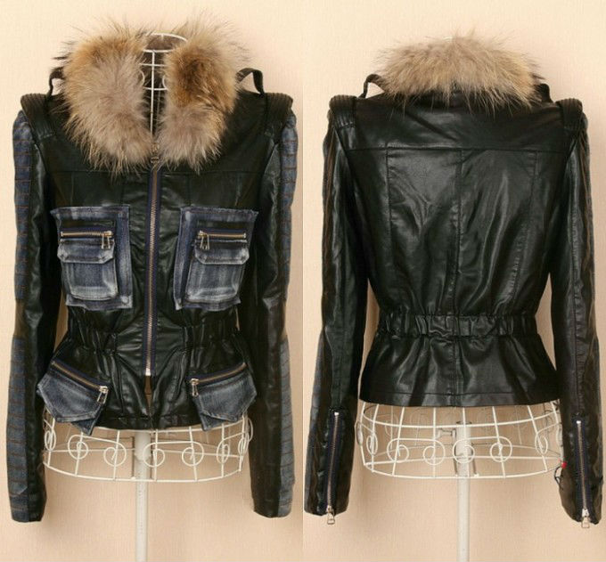 VTG Fluffy Fur Collar Contrast Black PU Leather Sharp Power Shoulder Jacket Coat Free Shipping Wholesale