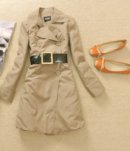 W-56 2013 women's autumn warm cotton padded double breasted trench coat outerwear with belt - kakhi