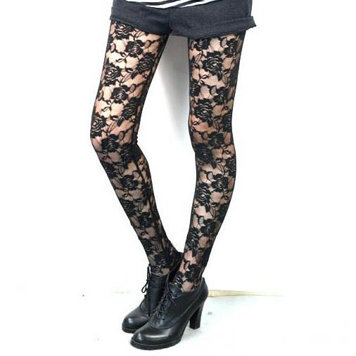 W19 Free shipping Fashion Sexy Charming Rose Lace See Through Leggings Pants Black Footless Stockings