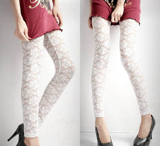 W20 Free shipping Fashion Sexy Charming Rose Lace See Through Leggings Pants White Footless Stockings