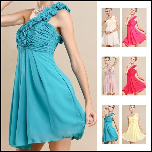 W22051 Womens One Shoulder Sexy Evening Wedding Cocktail Pleated Party Dress