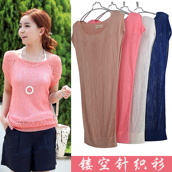 W810 summer all-match slit neckline rhombus cutout sweater shirt